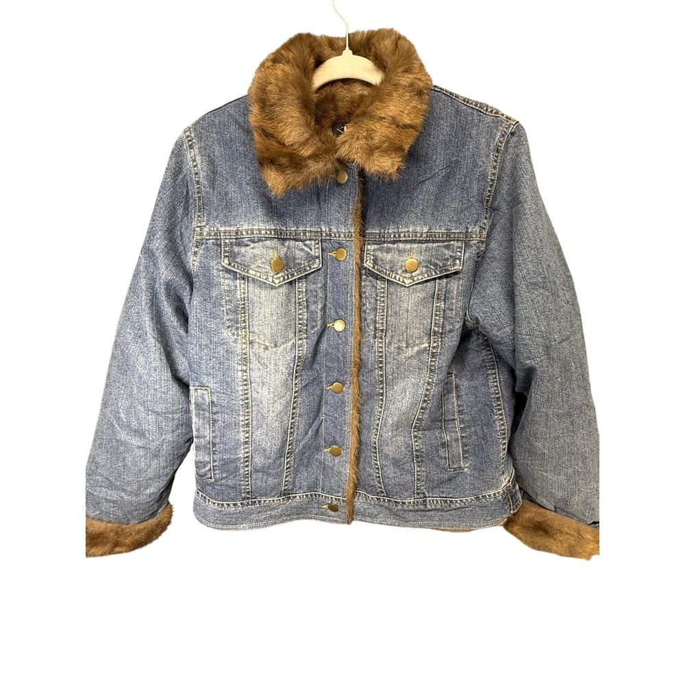 Vintage KC Collections Jacket Womens Medium Denim‎ Faux Fur Lined Trucker 90s